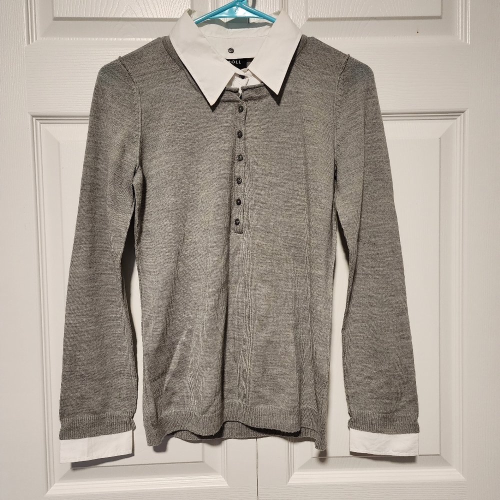 Caroll - Grey Marino Wool Sweater w/ Removable Collar - med